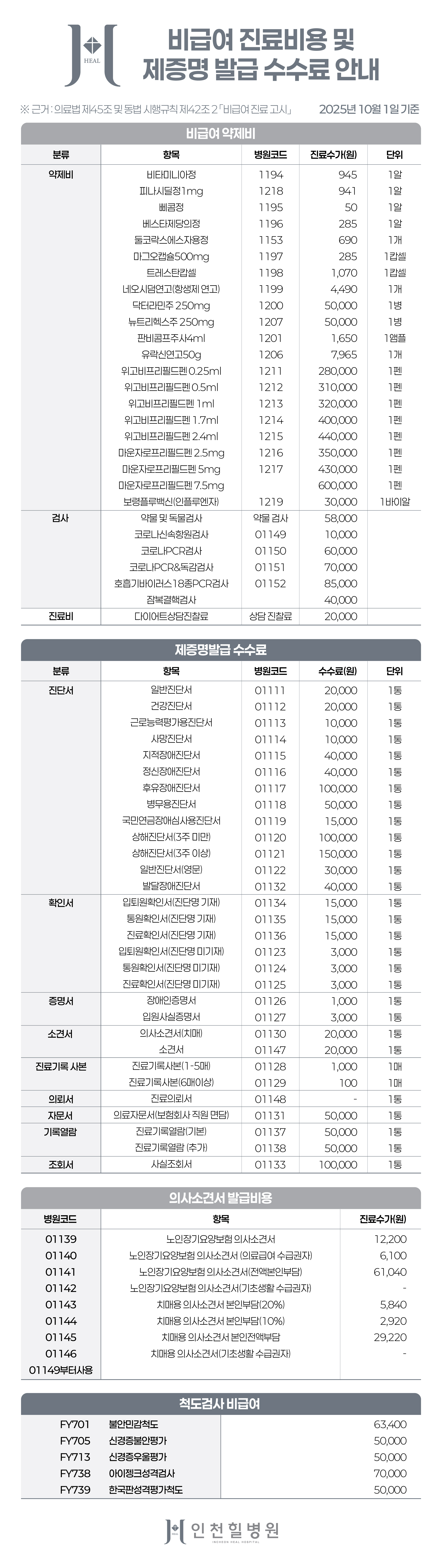 인천힐병원 비급여항목